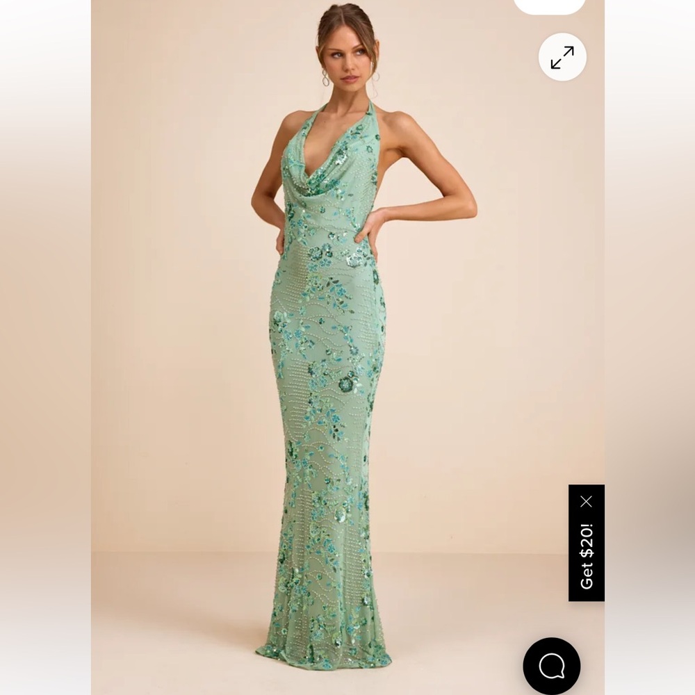 Carlana Mint Green Beaded Sequin Backless Maxi Dress